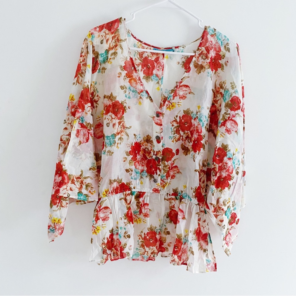 Alice + Olivia White Floral Peasant Blouse with Red and Turquoise Accents